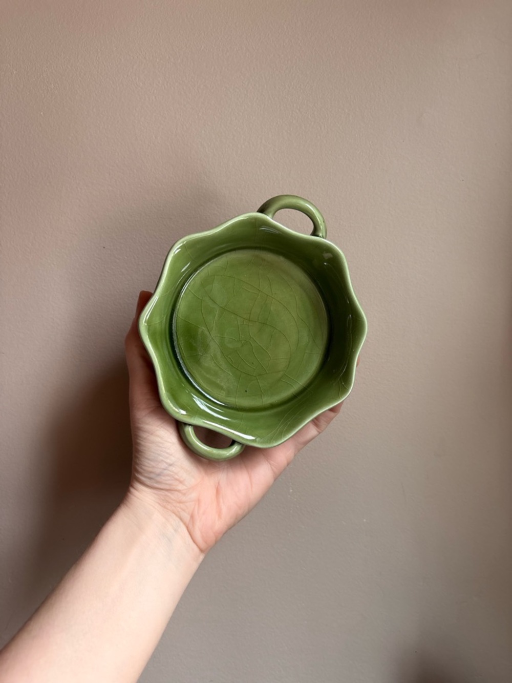 Mini Ceramic Two-Handle Brie/Tart Baking Dish, Beautiful dark sage green